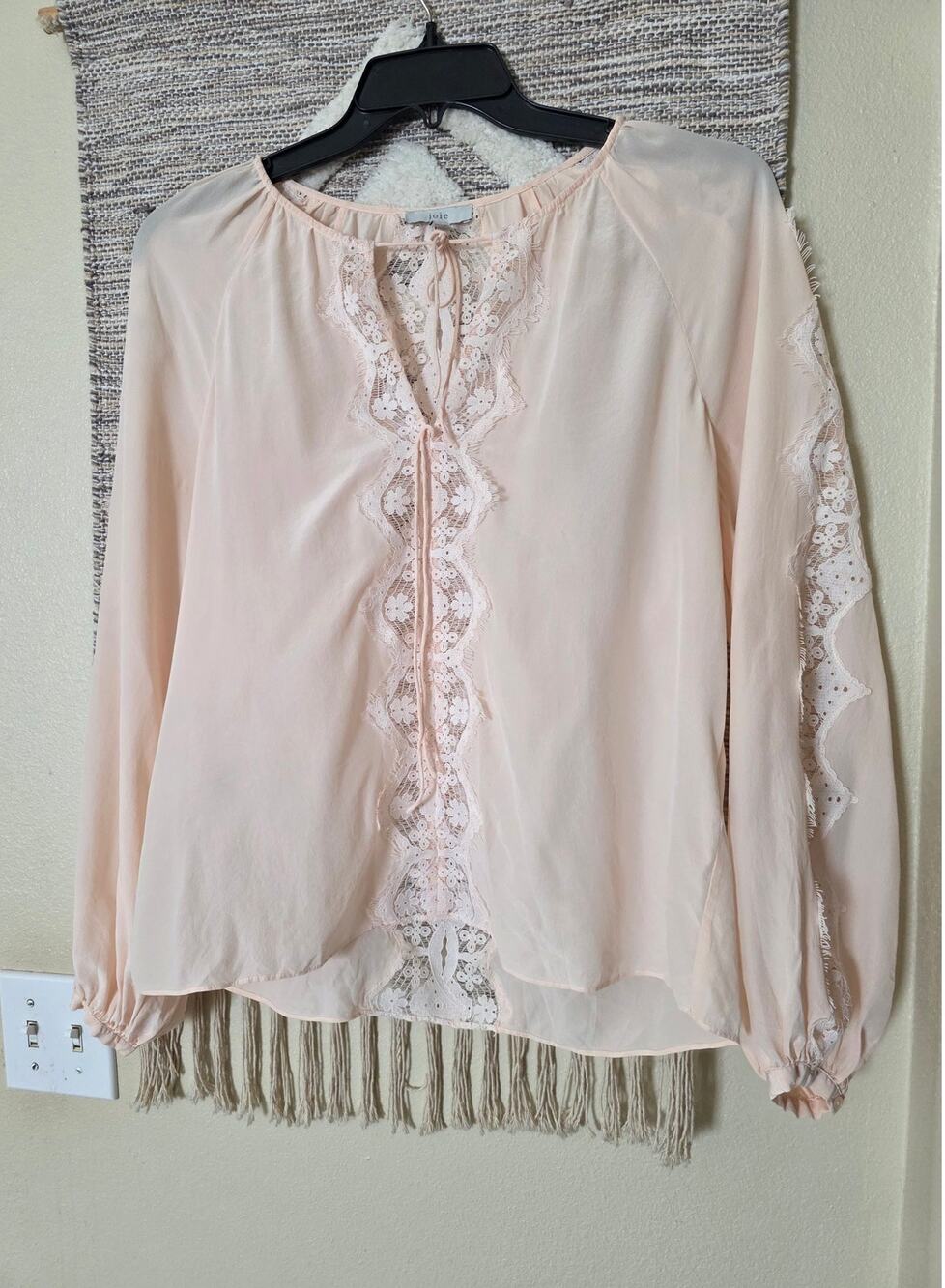 Joie Silk Blouse Size L Blush Pink Lace Trim Sheer Long Sleeve Boho Romantic